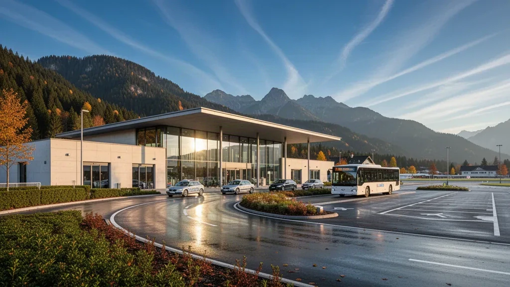 Moderno terminal esterno in vetro e corsia di scarico all'Aeroporto di Klagenfurt in Carinzia, Austria, con le colline alpine sullo sfondo all'ora d'oro