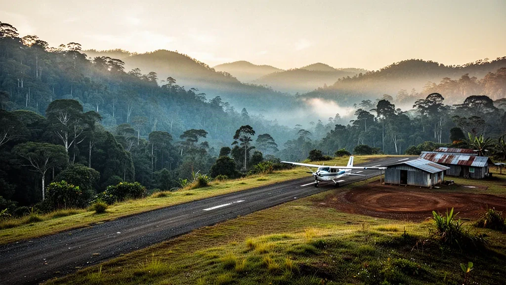 Grass airstrip and misty mountain ridges at Koinambe Airport in Papua New Guinea's Jimi Valley at dawn