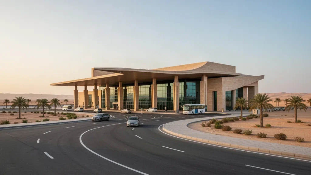 Modernes Wüsten-Flughafenterminal mit Glasfassade und Vorfahrtsbereich am Flughafen King Khaled Military City in Saudi-Arabien in der goldenen Stunde