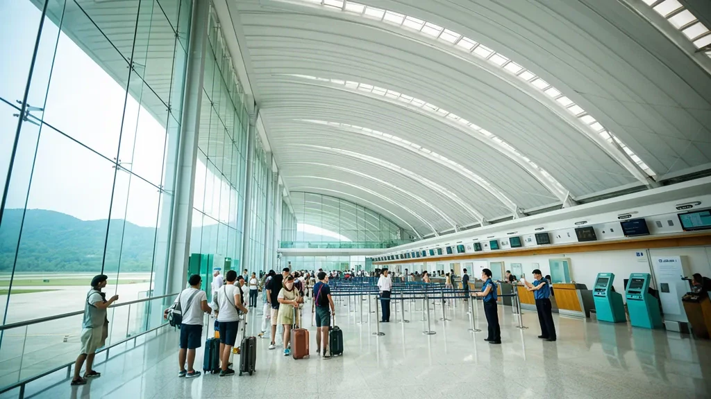 Sala de salidas luminosa dentro de la terminal del Aeropuerto Internacional de Kunming Changshui, con techo blanco curvo, fachada de vidrio y viajeros con equipaje