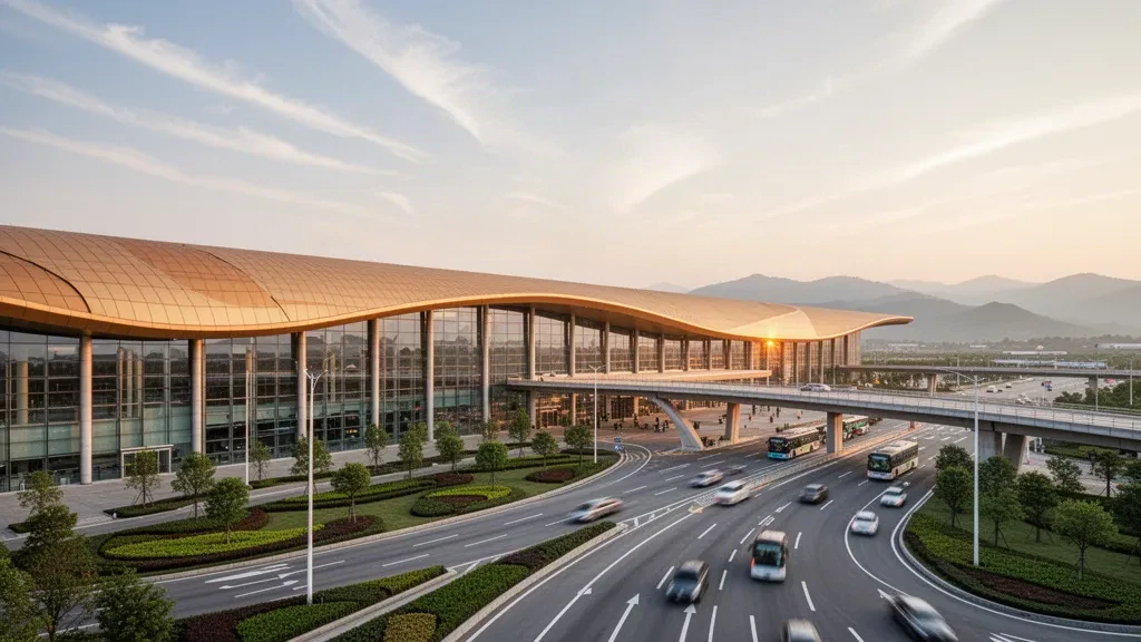Esterno curvo e dorato del terminal dell'aeroporto internazionale di Kunming Changshui nella calda luce dell'ora d'oro, con facciate in vetro e una strada di sosta silenziosa
