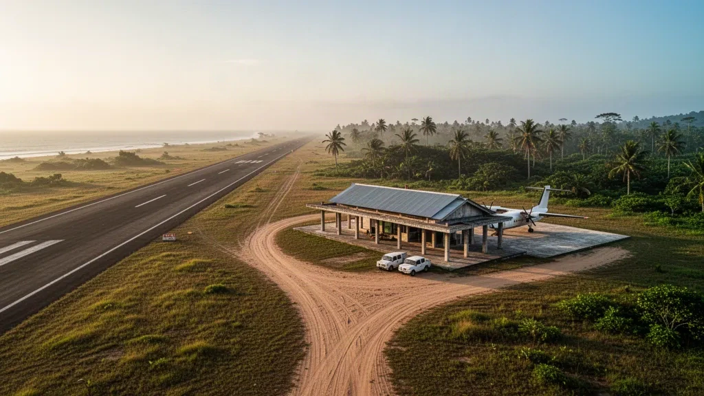 Piccola pista di atterraggio tropicale, terminal e turboelica parcheggiato all'aeroporto di Kimaam sull'isola di Dolak, Papua, nella calda luce dell'ora d'oro