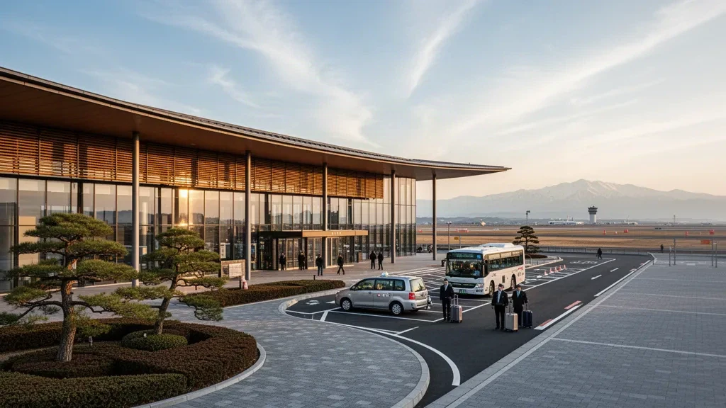Modern glass and timber terminal exterior at Komatsu Airport in Ishikawa, Japan, with a curved roofline, drop-off lane traffic and mountains beyond
