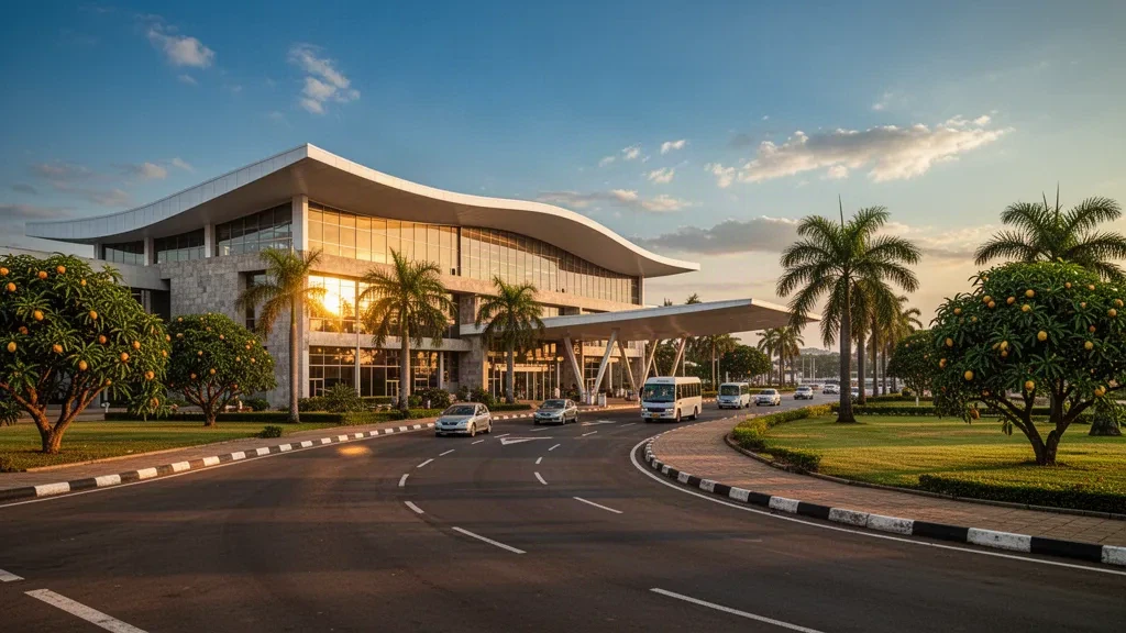 Modern glass terminal exterior at Prempeh I International Airport near Kumasi, Ghana, with palm-lined drop-off lanes at golden hour