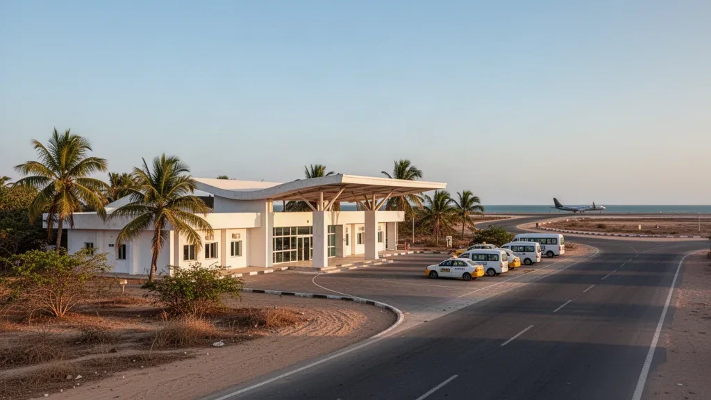 Terminal de faible hauteur de l'aéroport de Kismayo et route d'accès bordée de palmiers en Somalie à l'heure dorée