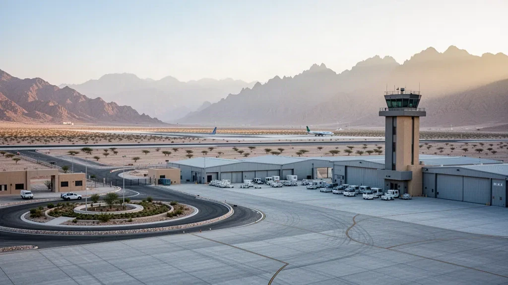 Blick zur goldenen Stunde auf ein Flugfeld-Vorfeld, einen Kontrollturm und Hangars auf dem Hochplateau der Asir-Region nahe Khamis Mushait, Saudi-Arabien