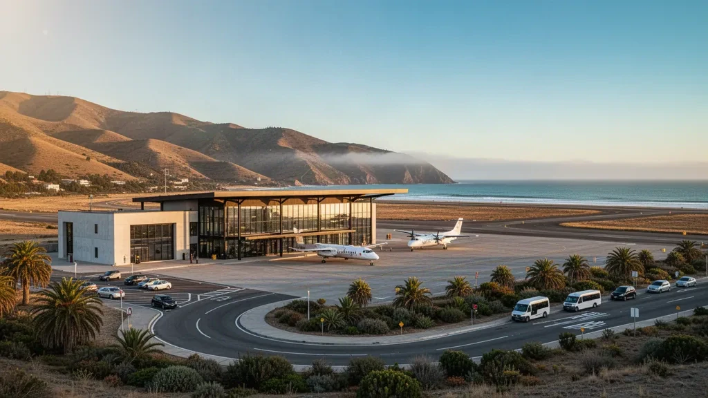 Modern coastal terminal and runway of Viña del Mar Airport in Concón, Chile, framed by hills and the Pacific at golden hour.