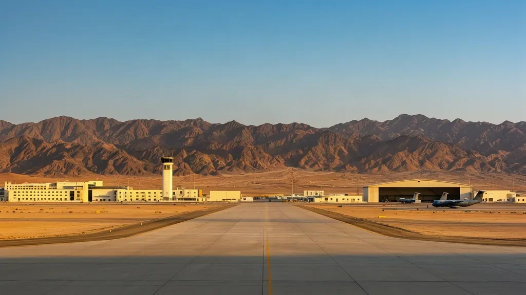 Ampia veduta di King Khalid Air Base vicino a Khamis Mushait, in Arabia Saudita, con una pista, la torre di controllo e gli hangar sullo sfondo di montagne impervie.