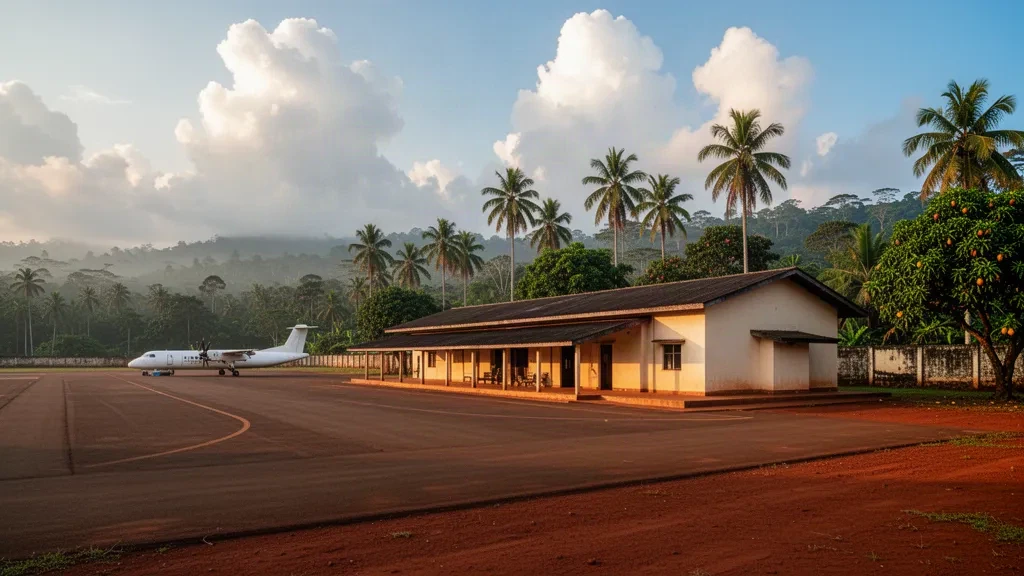 Aeroporto di Kindu nella provincia di Maniema, RD Congo, con un piccolo terminal tropicale, la pista e le colline della foresta pluviale nella calda luce pomeridiana