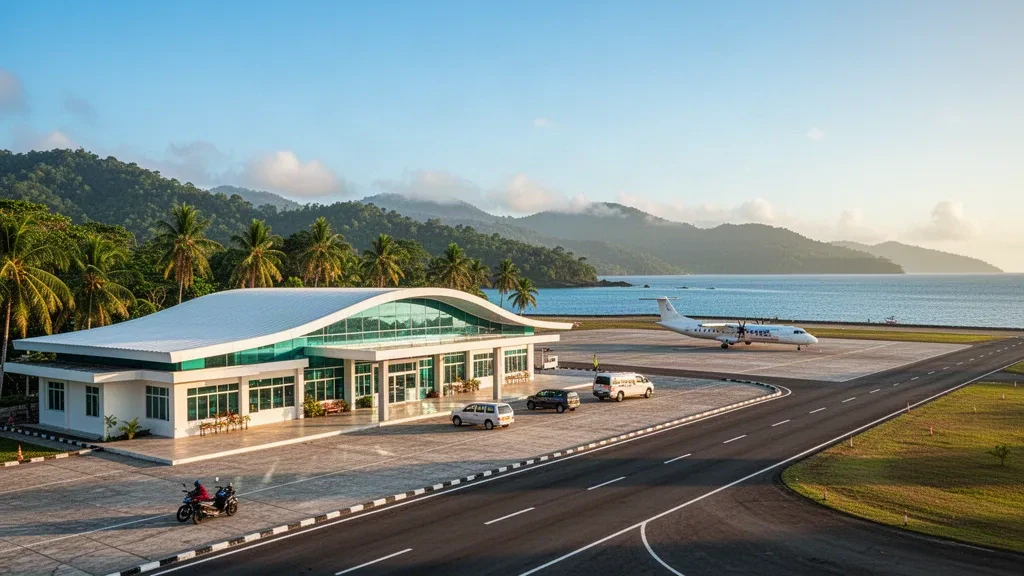 Terminal costiero tropicale e piazzale aeromobili dell'aeroporto di Utarom a Kaimana, Papua Occidentale, incorniciati da palme, colline verdi e una calma baia blu