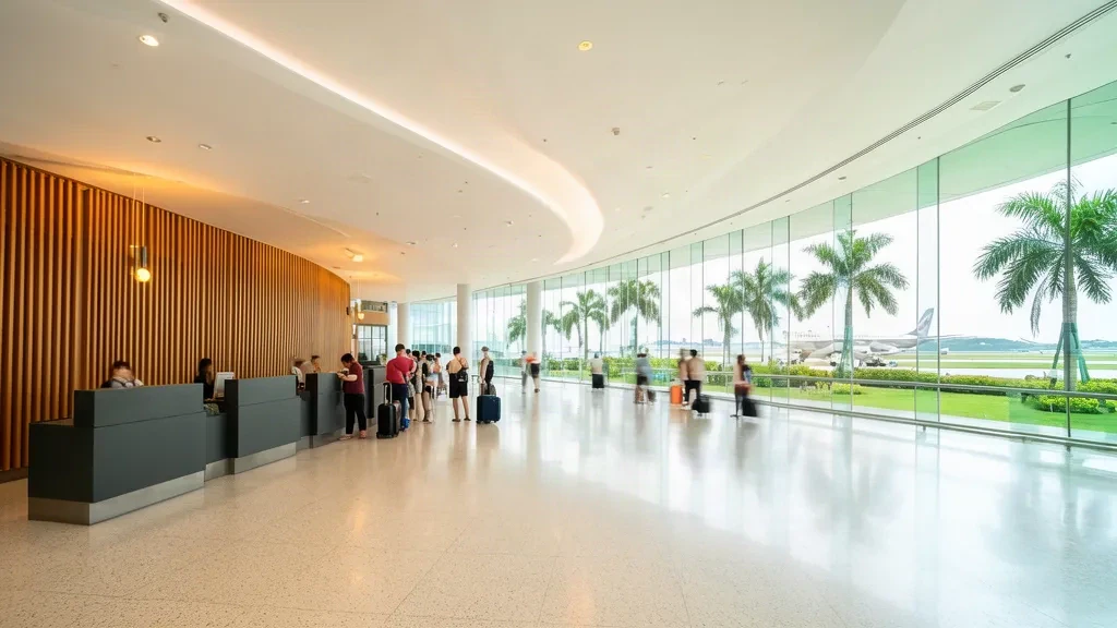 Bright interior of Kinmen Airport KNH terminal in Taiwan with check-in counters, glass walls and travellers in the departure hall