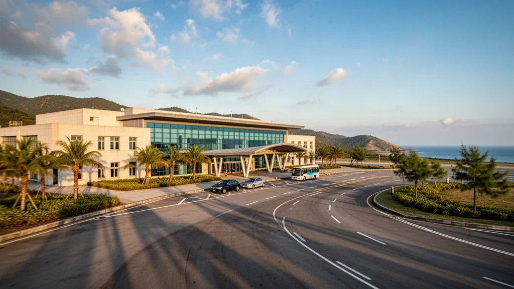 Terminal moderna de cristal y carril de descenso en la acera del aeropuerto de Kinmen, en Taiwán, durante la cálida luz costera del final de la tarde