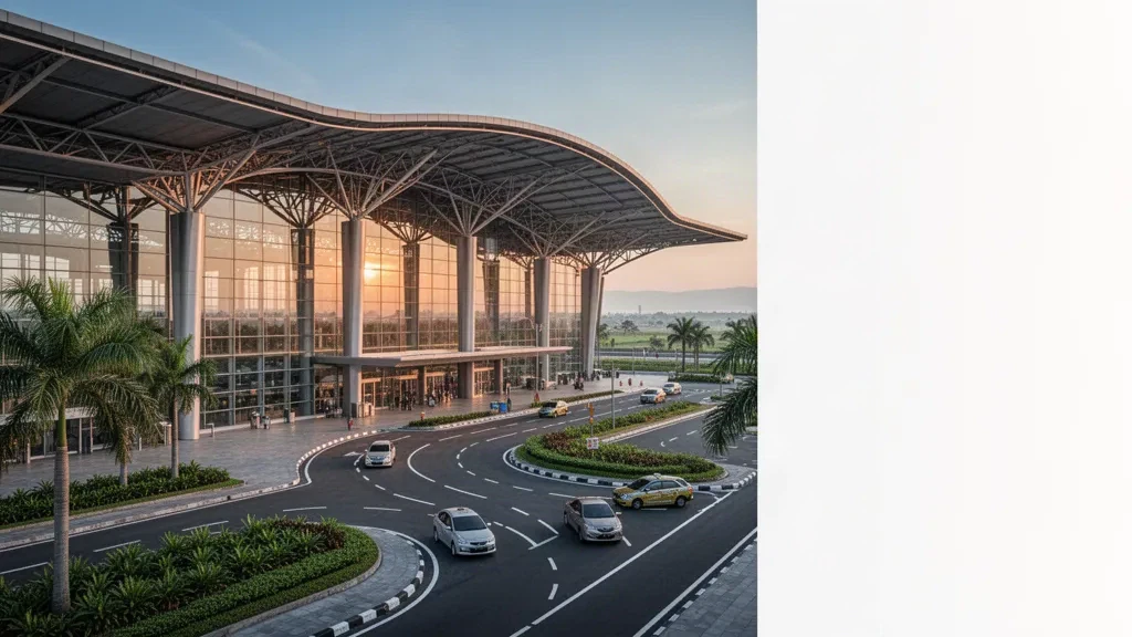 Moderno terminal in vetro ed esterno con tetto curvo all'aeroporto internazionale di Kualanamu, vicino a Medan, Sumatra Settentrionale, nella luce dell'ora d'oro