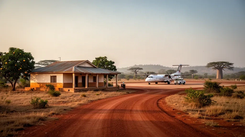 Terminal d'un seul niveau et route d'accès en latérite à l'aéroport de Kankan en Guinée sous une chaude lumière dorée
