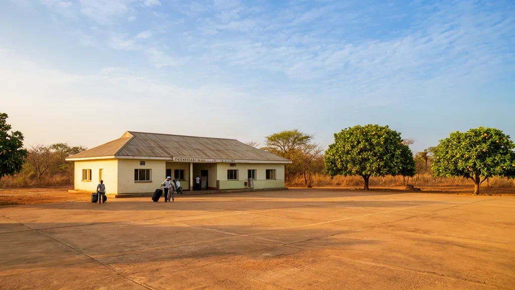 Extérieur du petit terminal de l'aéroport de Kankan en Guinée, avec tarmac en béton, savane tropicale et chaude lumière d'après-midi.