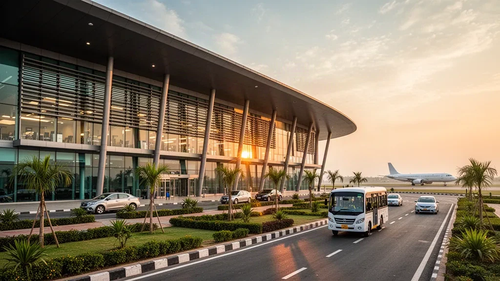 Modern glass terminal exterior at Kanpur Airport in Chakeri, with a landscaped forecourt and drop-off lanes glowing at golden hour.