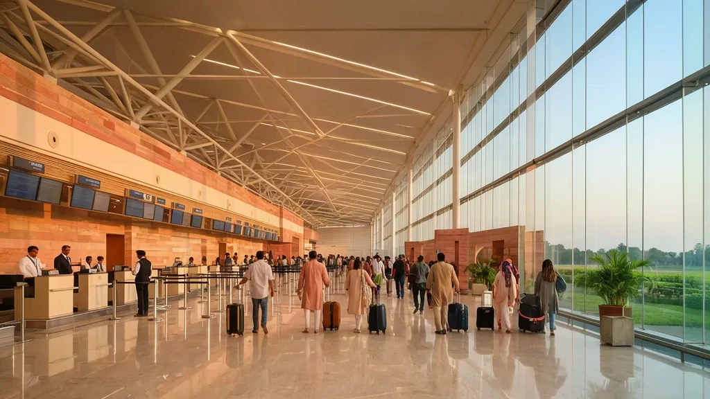 Modern Kanpur Airport KNU terminal interior with check-in counters, glass façade and travellers in the departure hall