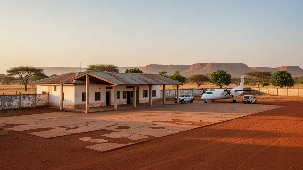 Kleines regionales Terminal und Vorfeld am Flughafen Kenieba in Mali, mit einem Regionalflugzeug und Sahel-Savanne in warmem Abendlicht