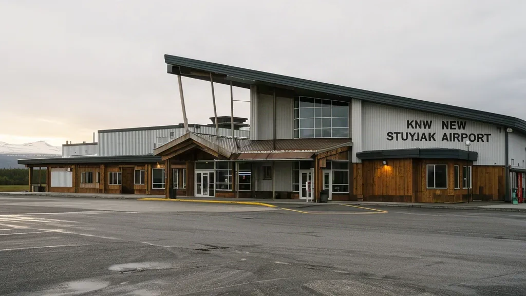 Extérieur de l'aéroport de New Stuyahok KNW en Alaska, montrant le petit bâtiment terminal, la piste en gravier et un avion de brousse stationné.
