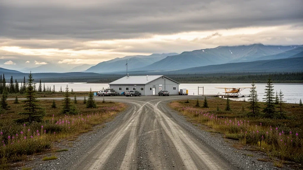 Alaska'daki New Stuyahok Havalimanı'nda tundra, ladin ağaçları ve Nushagak Nehri ile çevrili uzak çakıl pist ve küçük terminal
