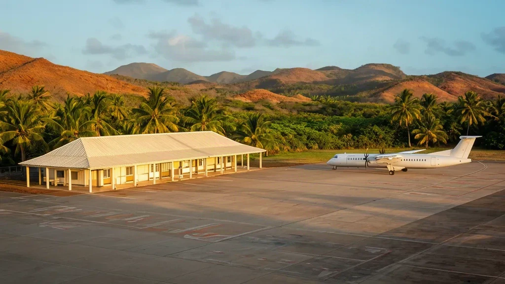 Petit bâtiment terminal tropical et tarmac ensoleillé à l'aéroport de Koumac (KOC) en Nouvelle-Calédonie, avec un biplan à turbopropulseurs stationné.