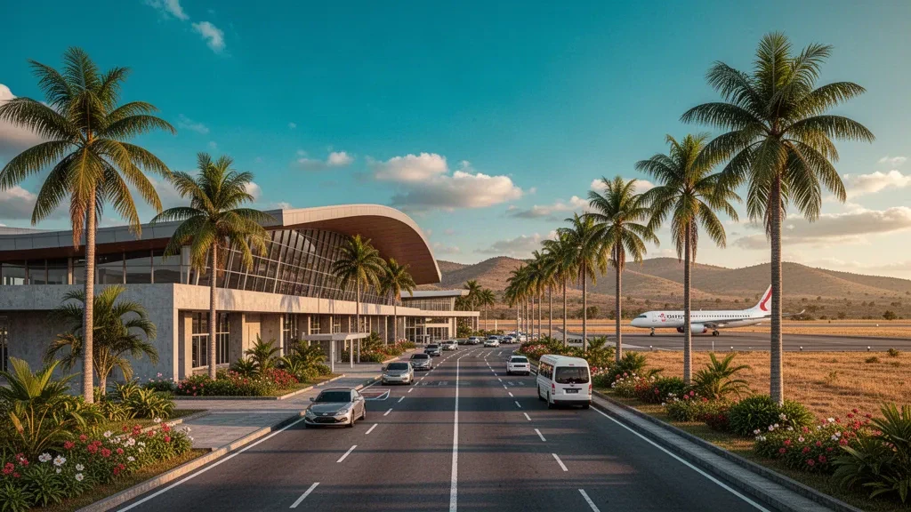Modern curved terminal and tropical drop-off lanes at El Tari International Airport in Kupang, Indonesia, in warm golden light