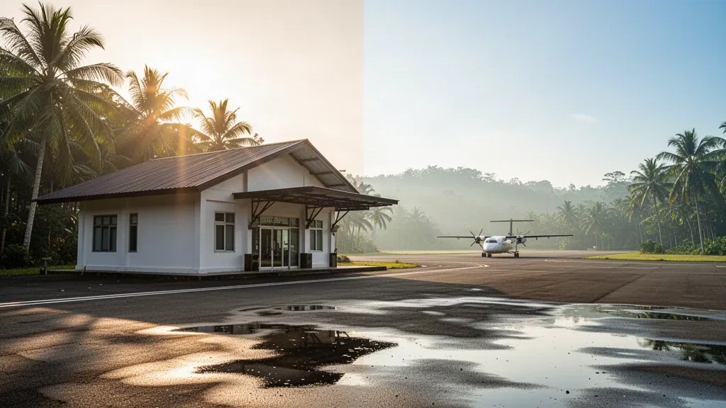 Small regional airport terminal in Kotabangun, East Kalimantan, ringed by tropical greenery in warm late-afternoon light