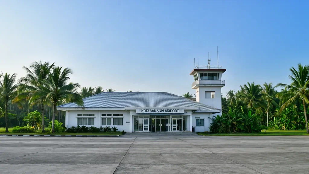 Exterior view of Kotabangun Airport terminal in East Kalimantan, Indonesia, with a single-story building and tropical landscaping.