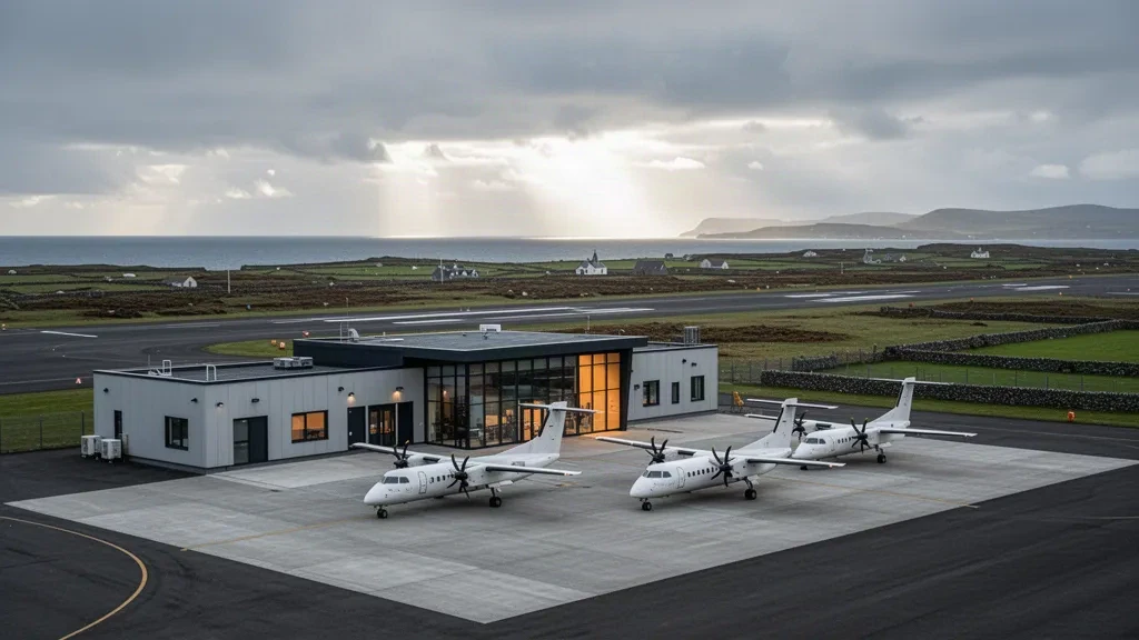 Modernes Terminal und Vorfeld des Flughafens Kirkwall mit kleinen Turboprop-Flugzeugen vor Orkneys flacher grüner Küstenlandschaft unter einem weiten silbern erleuchteten Himmel