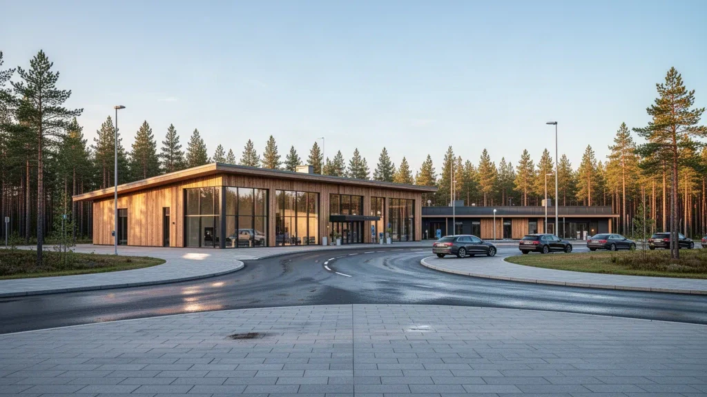 Finlandiya'daki Kokkola-Pietarsaari Havalimanı'nda altın saat ışığı altında çam ormanıyla çevrili modern İskandinav terminali ve yolcu indirme şeridi