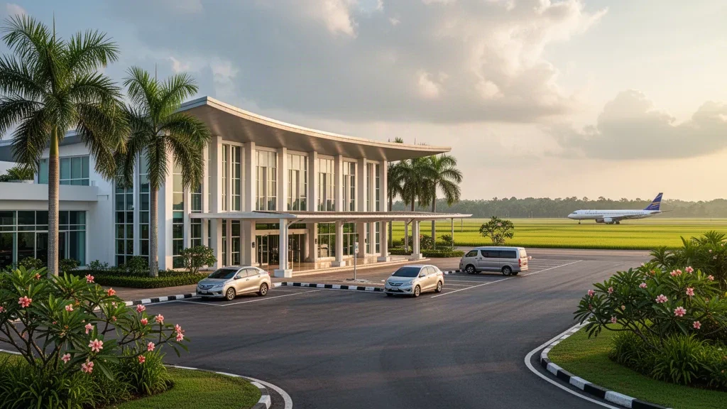Tayland'daki Nakhon Phanom Havalimanı'nda modern cam terminal ve yolcu indirme alanı, sıcak tropikal akşamüstü ışığıyla çerçevelenmiş.