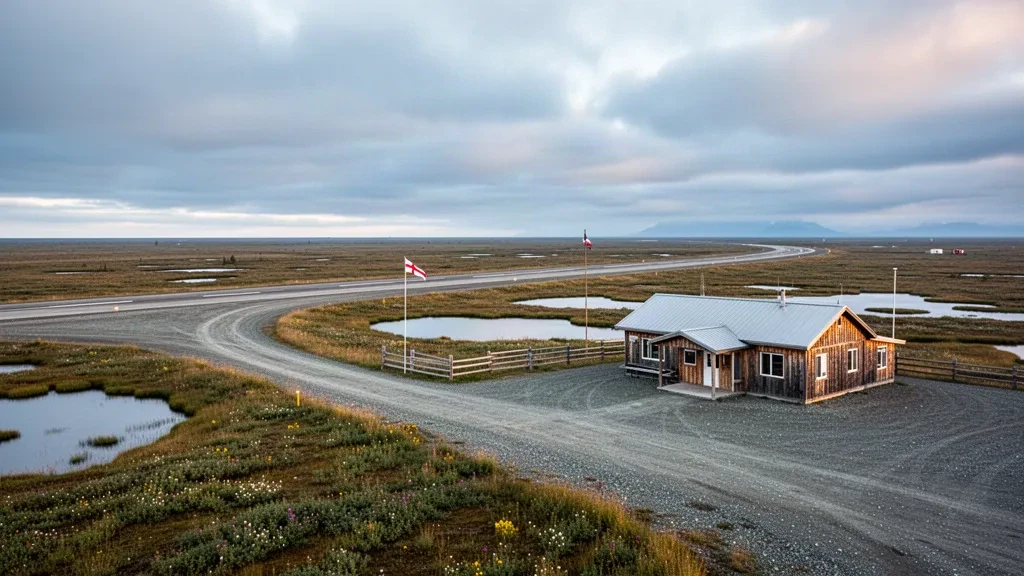 Remote gravel runway and small terminal at Kotlik Airport in Alaska under soft Arctic light