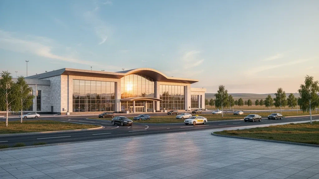 Kokshetau International Airport terminal exterior with glass facade, drop-off lane and open plaza in warm golden hour light in Kazakhstan