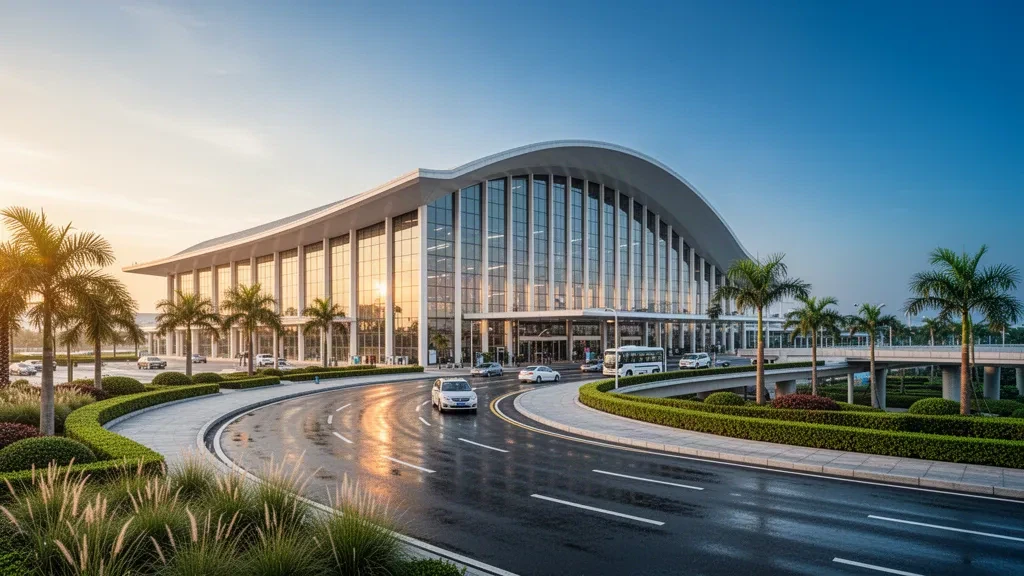 Modern glass terminal exterior and curved drop-off lanes at Ganzhou Huangjin Airport bathed in golden-hour light