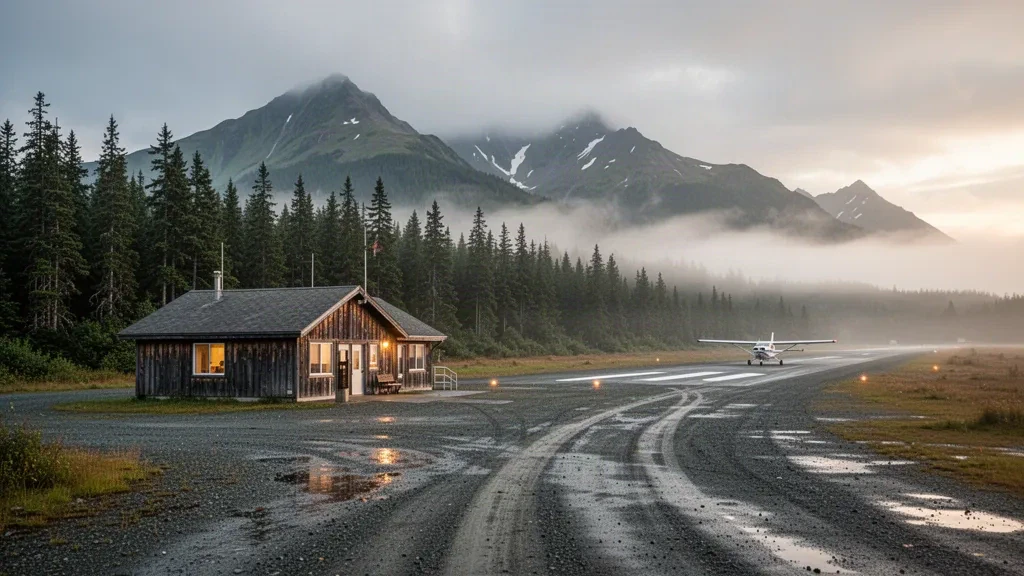 Piste en gravier et petit terminal en bois à l'aéroport isolé d'Ouzinkie sur Spruce Island, en Alaska, entouré d'une forêt d'épicéas et de montagnes brumeuses