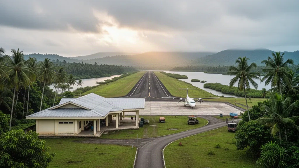 Petit terminal côtier, aire de trafic et cadre de forêt tropicale à l'aéroport de Kokonao dans la régence de Mimika, Papouasie, Indonésie