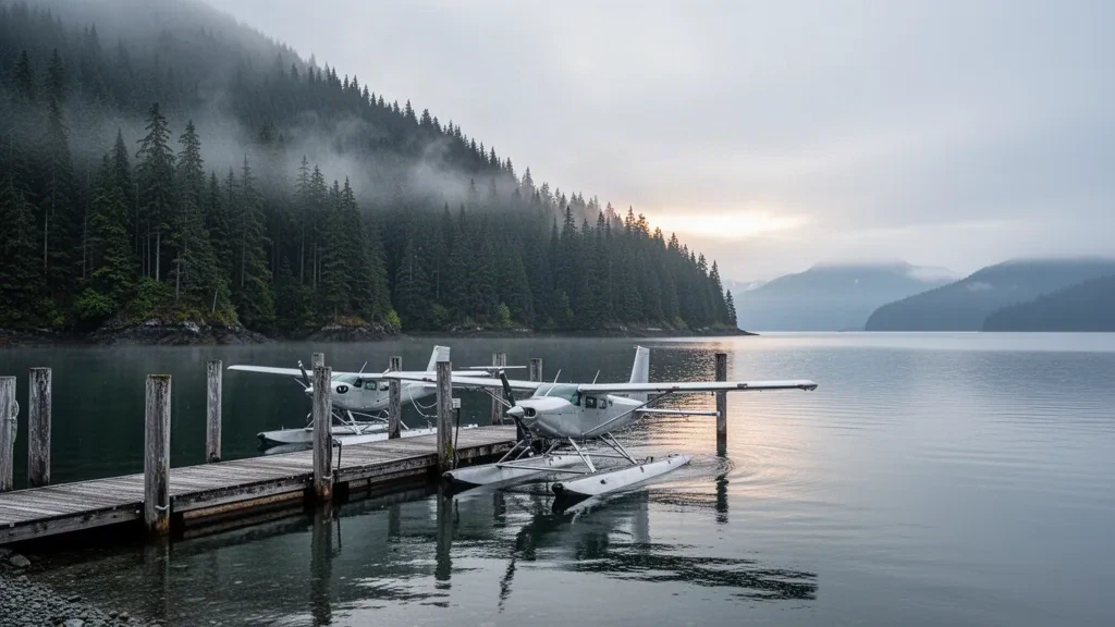 Idrovolante ormeggiato a un pontile di legno su acque calme all'idroscalo di Point Baker, nel sud-est dell'Alaska, circondato da una foresta pluviale nebbiosa