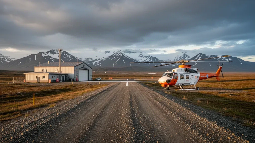 Un petit aéroport de l'Alaska à Port Clarence Coast Guard Station avec une piste en gravier, un bâtiment terminal et un paysage de toundra sous des montagnes enneigées.