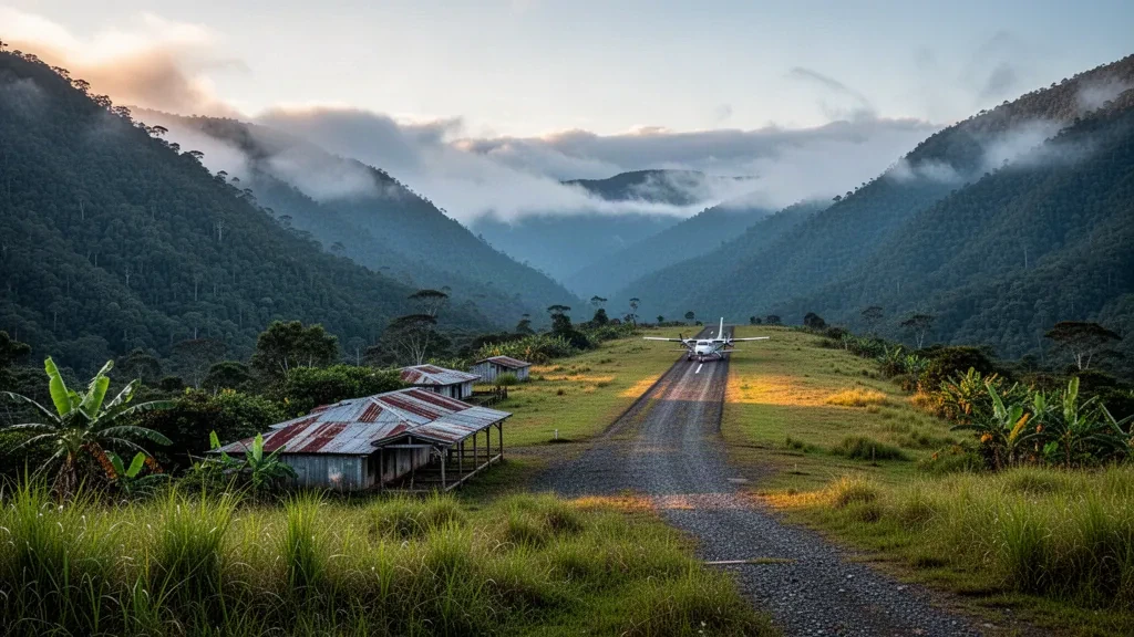 Remote gravel airstrip at Kompiam Airport in Papua New Guinea's Enga Province, set among misty forested highland ridges at sunrise.