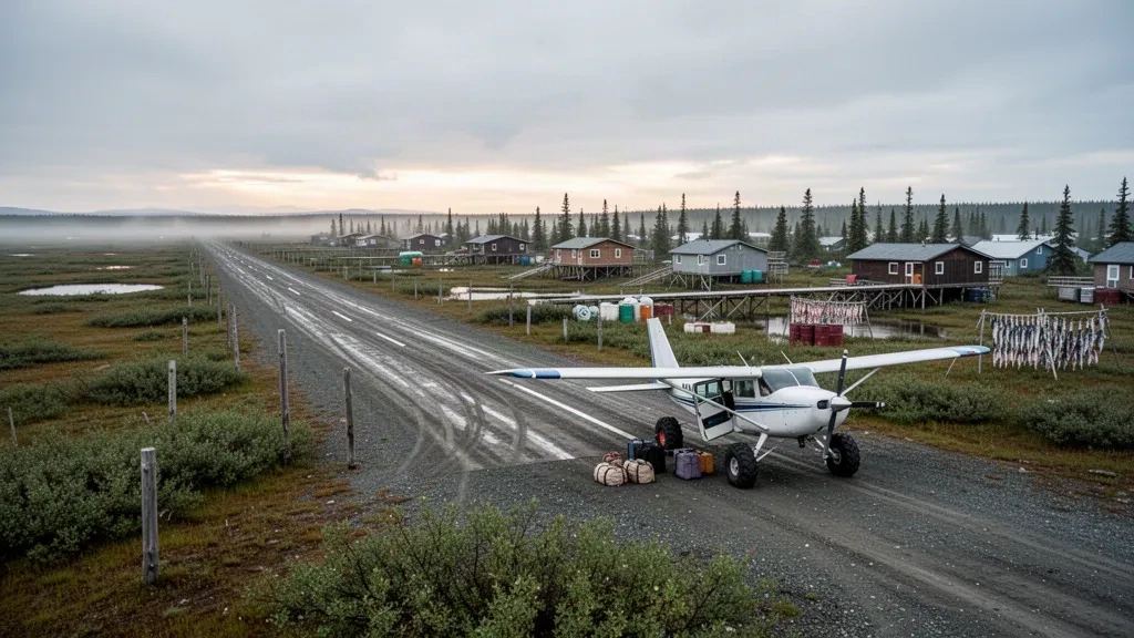 Gravel bush runway and small propeller plane on the flat tundra of Kipnuk, Alaska, under a soft overcast subarctic sky at dusk.