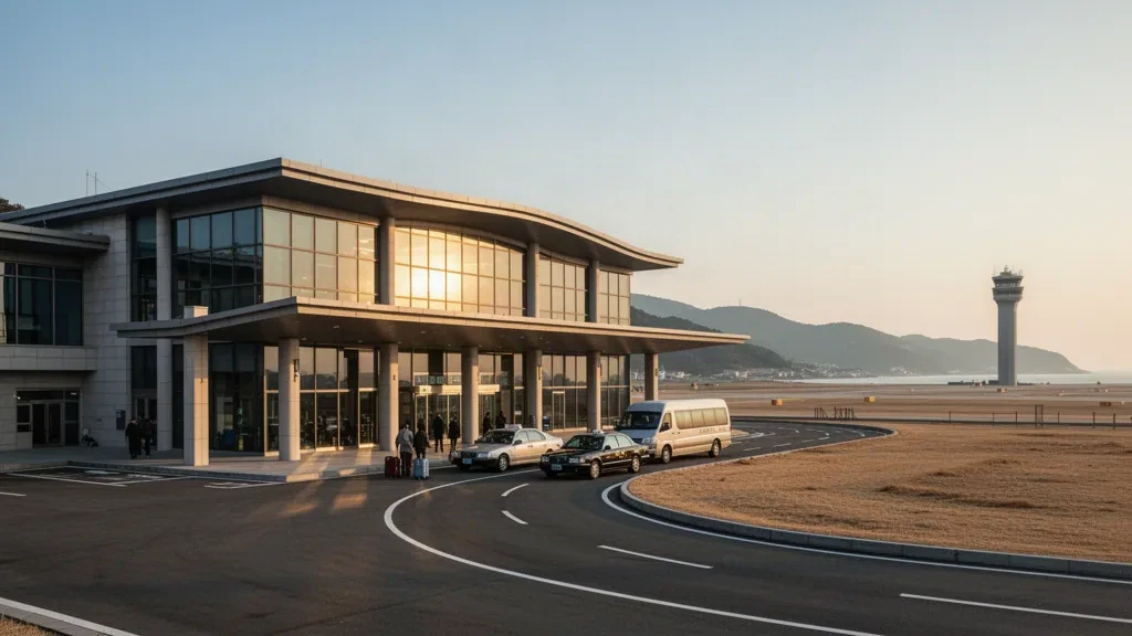 Facciata vetrata del terminal e corsia di sosta all'Aeroporto di Pohang in Corea del Sud, illuminata dalla luce dorata del tramonto con le colline costiere sullo sfondo.