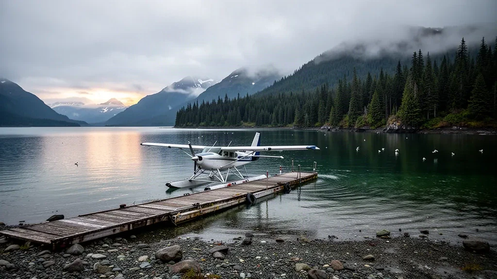 Hidroavión amarrado en el muelle flotante de madera de la Base de Hidroaviones de Port Williams en Alaska, rodeado de bosque de hoja perenne y aguas tranquilas de la ensenada.