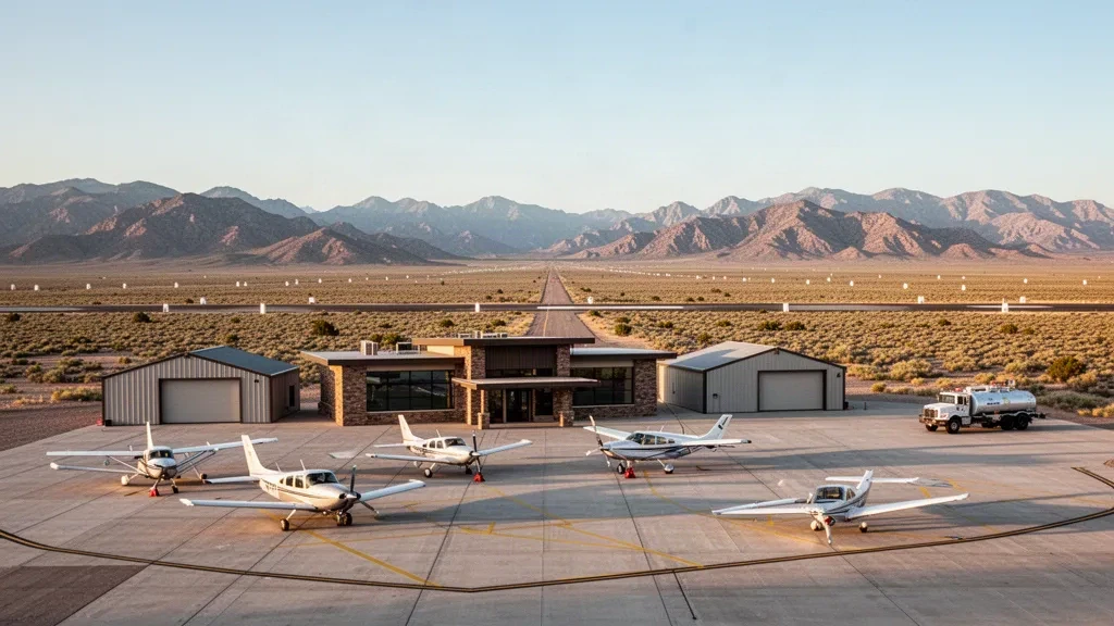 Small general aviation aircraft parked on the apron at Hayden Field in Jackpot, Nevada, beneath high desert mountains at golden hour.