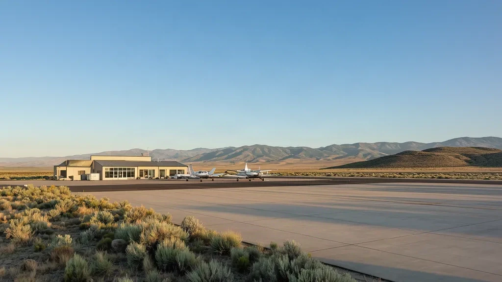 Kleines Terminalgebäude und Start- und Landebahn am Jackpot Airport/Hayden Field in Nevada, umgeben von hohen Wüstenbergen unter klarem Himmel.