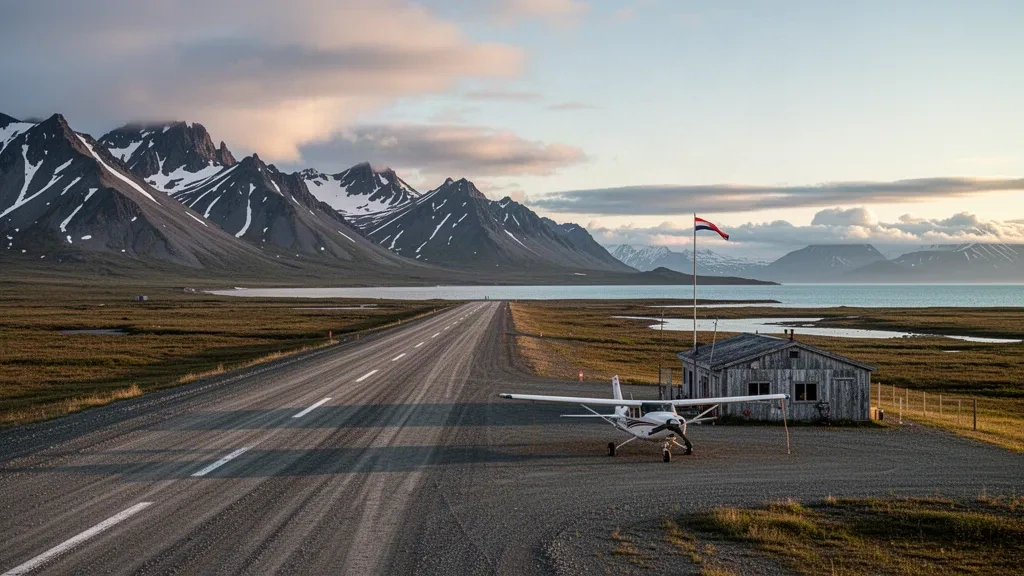 Abgelegene Schotterpiste und schneebestäubte Berge am Flughafen Perryville in Alaska im Licht der goldenen Stunde.