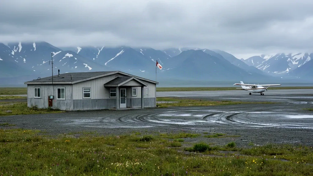 Kleines Terminalgebäude und Schottervorfeld am abgelegenen Flughafen Perryville auf der Alaska-Halbinsel unter bedecktem Küstenhimmel