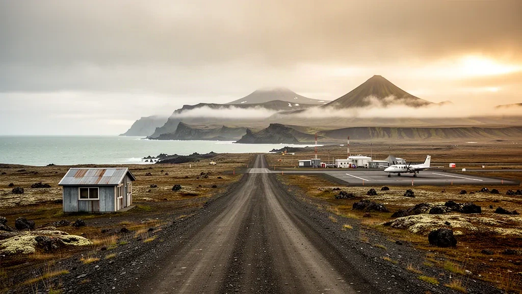 Gravel runway and small shelter at Akutan Airport on Akun Island, Alaska, framed by treeless volcanic hills and coastal fog