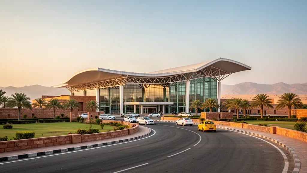 Modernes Glasterminal und geschwungene Vorfahrtspur am Flughafen Kishangarh bei Ajmer, Rajasthan, in warmem Licht zur goldenen Stunde.