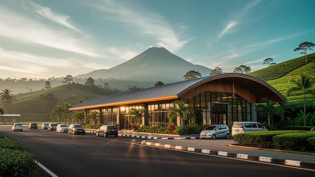 Modern terminal and drop-off forecourt at Depati Parbo Airport in Kerinci, Sumatra, with Mount Kerinci rising in the tropical background at golden hour