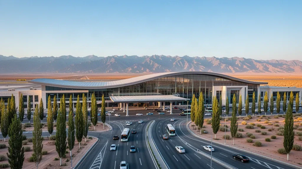 Modern glass airport terminal exterior at Korla Licheng Airport in Xinjiang, with desert foothills, poplar trees and warm golden-hour light